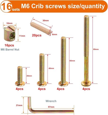 weideer 16 Set Crib Screws Hardware Replacement Kit Baby Bed Frame Bolts M6x20mm/ 40mm/ 60mm/ 80mm Hex Drive Socket Cap Screws Barrel Nuts Wooden Dowel Kit for Beds Chairs Furniture in Saudi Arabia