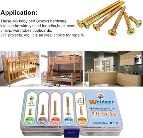 weideer 16 Set Crib Screws Hardware Replacement Kit Baby Bed Frame Bolts M6x20mm/ 40mm/ 60mm/ 80mm Hex Drive Socket Cap Screws Barrel Nuts Wooden Dowel Kit for Beds Chairs Furniture in Saudi Arabia