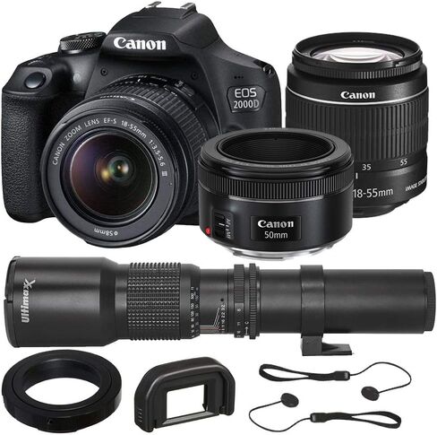 Canon EOS 2000D (T7) EF-S 18-55mm III Kit with Canon EF 50mm f/1.8 STM Lens and Basic Lens Accessory Bundle - Includes: 500mm Telephoto Preset Lens, Professional EF T-Mount and Much More (Renewed) in Saudi Arabia