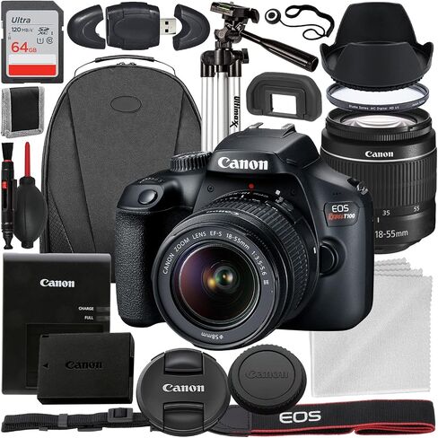 كاميرا Canon EOS Rebel T100/4000D DSLR مع عدسة تكبير مقاس 18-55 مم f/3.5-5.6 وملحقات: تتضمن - بطاقة ذاكرة SanDisk Ultra سعة 64 جيجابايت، وحامل ثلاثي القوائم، وحقيبة ظهر، وغير ذلك الكثير (حزمة مكونة من 18 قطعة) in Saudi Arabia