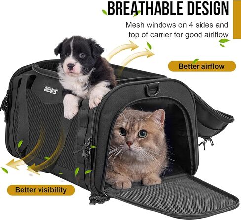 OneTigris Pet Carrier أعلى حامل الكلاب القابل للتوسيع 17x11x9.5 معتمد من شركة الطيران، حامل ناعم الجوانب للقطط والكلاب الصغيرة مع سحابات أمان وشبكة مضادة للخدش (أسود) in Saudi Arabia