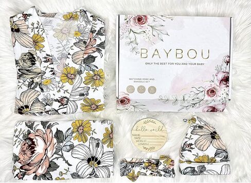 Baybou Robe Swaddle Set Matching Mommy and Me Set Baby Girl Swaddle Blanket Gift 5-Piece Set Hospital Robe Vintage Floral L/XL in Saudi Arabia