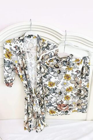 Baybou Robe Swaddle Set Matching Mommy and Me Set Baby Girl Swaddle Blanket Gift 5-Piece Set Hospital Robe Vintage Floral L/XL in Saudi Arabia