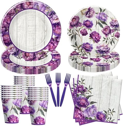 Peony Floral Plates And Napkins Party Supplies - Purple Floral Peony Party Decorations Tableware, Plate, Cup, Napkin, Fork, Flower Peony Party Tableware For Birthday Baby Shower | Serve 24 in Saudi Arabia