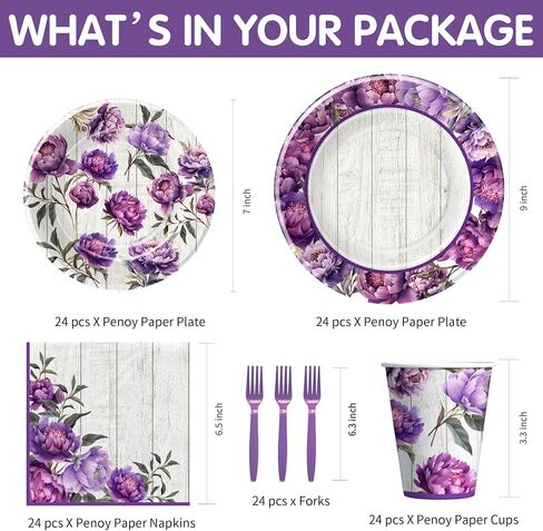 Peony Floral Plates And Napkins Party Supplies - Purple Floral Peony Party Decorations Tableware, Plate, Cup, Napkin, Fork, Flower Peony Party Tableware For Birthday Baby Shower | Serve 24 in Saudi Arabia