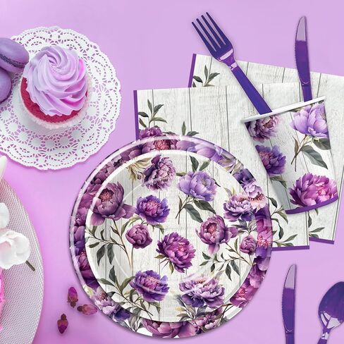 Peony Floral Plates And Napkins Party Supplies - Purple Floral Peony Party Decorations Tableware, Plate, Cup, Napkin, Fork, Flower Peony Party Tableware For Birthday Baby Shower | Serve 24 in Saudi Arabia