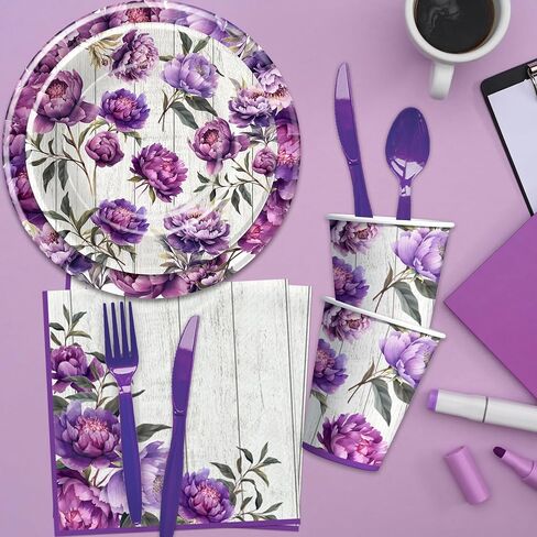 Peony Floral Plates And Napkins Party Supplies - Purple Floral Peony Party Decorations Tableware, Plate, Cup, Napkin, Fork, Flower Peony Party Tableware For Birthday Baby Shower | Serve 24 in Saudi Arabia