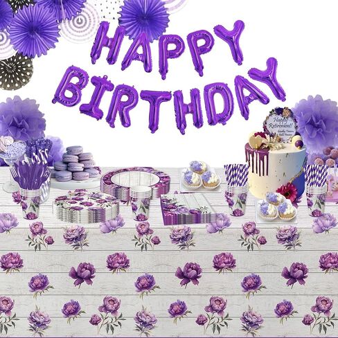 Peony Floral Plates And Napkins Party Supplies - Purple Floral Peony Party Decorations Tableware, Plate, Cup, Napkin, Fork, Flower Peony Party Tableware For Birthday Baby Shower | Serve 24 in Saudi Arabia