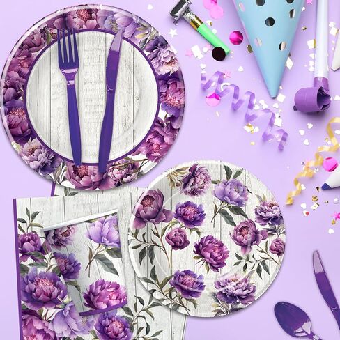 Peony Floral Plates And Napkins Party Supplies - Purple Floral Peony Party Decorations Tableware, Plate, Cup, Napkin, Fork, Flower Peony Party Tableware For Birthday Baby Shower | Serve 24 in Saudi Arabia