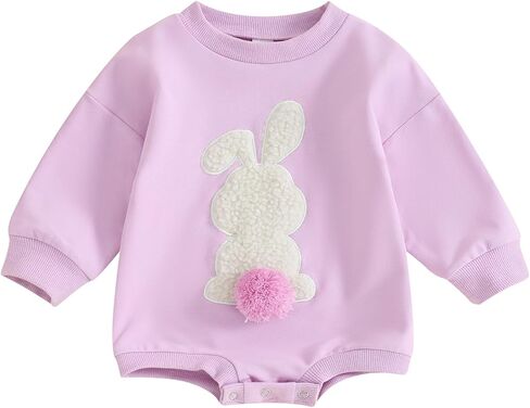 KtwHarnu Baby Boy Girl Easter Outfit Bunny Sweastshirt Romper Long Sleeve Bubble Romper with Pompoms Tail Easter Clothes in Kuwait