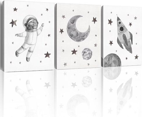 Yuzi-n Space Decor Posters, Set of 3 (12x15 Inches), Outer Space Room Decor for Boys Room, Grey and White Wall Art Prints in Saudi Arabia