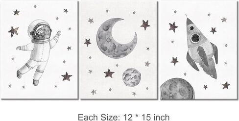 Yuzi-n Space Decor Posters, Set of 3 (12x15 Inches), Outer Space Room Decor for Boys Room, Grey and White Wall Art Prints in Saudi Arabia