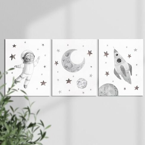 Yuzi-n Space Decor Posters, Set of 3 (12x15 Inches), Outer Space Room Decor for Boys Room, Grey and White Wall Art Prints in Saudi Arabia