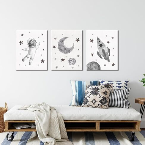 Yuzi-n Space Decor Posters, Set of 3 (12x15 Inches), Outer Space Room Decor for Boys Room, Grey and White Wall Art Prints in Saudi Arabia