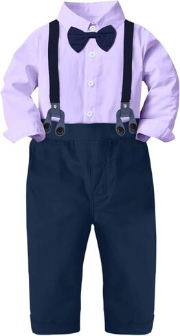 SANGTREE Toddler Baby Boy Dress Clothes Long Sleeve Bowtie Shirts Suspenders Pants Gentleman Outfit Suits Kid, Lavender, Tag 110 = 2-3Y in Saudi Arabia
