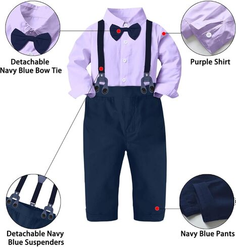 SANGTREE Toddler Baby Boy Dress Clothes Long Sleeve Bowtie Shirts Suspenders Pants Gentleman Outfit Suits Kid, Lavender, Tag 110 = 2-3Y in Saudi Arabia