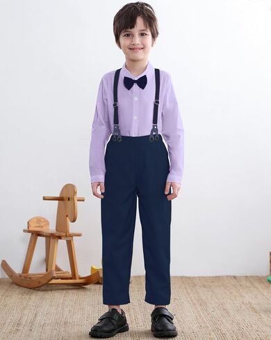 SANGTREE Toddler Baby Boy Dress Clothes Long Sleeve Bowtie Shirts Suspenders Pants Gentleman Outfit Suits Kid, Lavender, Tag 110 = 2-3Y in Saudi Arabia