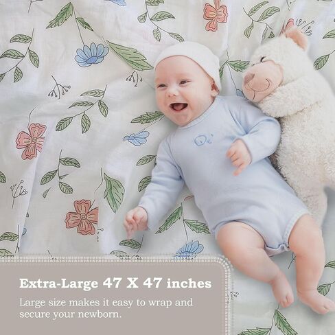 بطانيات قماط من الموسلين العضوي للأطفال من Moonybaby للأولاد والبنات، ناعمة ومسامية وصديقة للبشرة بمقاس كبير جدًا (47 × 47 بوصة)، عبوة واحدة، زهرة in Kuwait
