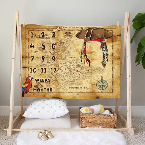 Little Pirates Treasure Hunt Theme Baby Monthly Milestone Blanket Vintage Treasure Map Newborn Adventure Game Photo Props Mom Gift Baby Shower Party Banner Personalized Growth Chart Blanket in Kuwait