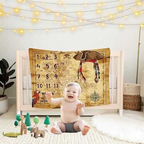 Little Pirates Treasure Hunt Theme Baby Monthly Milestone Blanket Vintage Treasure Map Newborn Adventure Game Photo Props Mom Gift Baby Shower Party Banner Personalized Growth Chart Blanket in Kuwait