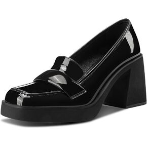 Castamere Womens Chunky Block Mid Heel Close Square Toe Platform Loafers Shoes Casual Office Dress Slip-on Pumps 3.3 Inches Heels
