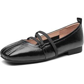 BEAU TODAY Mary Jane Shoes Women, Leather Flats Shoes for Women, Genuine Ballet Flats for Women with Adjustable Strap, Comfortable Square Toe Mary Jane Flats Dreesy
