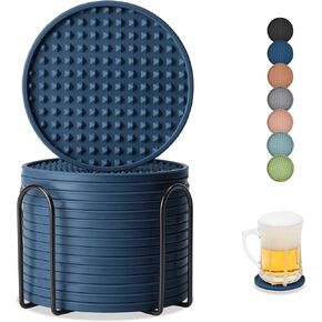Coasters for Drinks, Silicone Coasters Set of 6 with ABS Holder, Outdoor Coaster for Coffee Table, Non-Slip Rubber Table Cup Mat Desk, Heat Resistant & Scratch-Proof (Navy Blue)