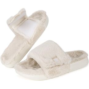 Fuzzy Slippers for Women Adjustable Orthotic Slides Slippers with Arch Support Plantar Fasciitis Open Toe Warm Cozy Plush House Shoes for Indoor Outdoor