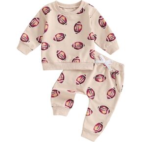 Baby Boys Girls Fall Clothes Football Print Long Sleeve Crew Neck Sweatshirt Elastic Pants 2Pcs Track Suit Outfits