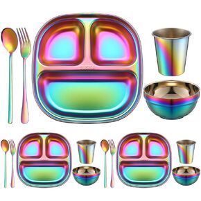 Tioncy 15 Piece Stainless Steel Kids Dinner Set Including 3 Bowls, 3 Balanced Bites Divided Plates, 3 Cups, 3 Spoons and 3 Forks, Stainless Steel Lunch Plates Dinnerware Set for Kids Toddlers(Rainbow)