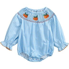 Omkzanbi Baby Girl Halloween Pumpkin Embroidery Smocked Bubble Romper Retro Plaid Bodysuit Cute Toddler Fall Puff Jumpsuit