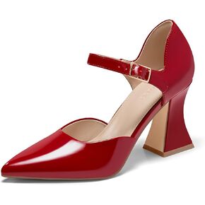 Coutgo Womens Chunky High Heels Closed Pointed Toe Ankle Strap Pumps Cute Dress Dance Shoes