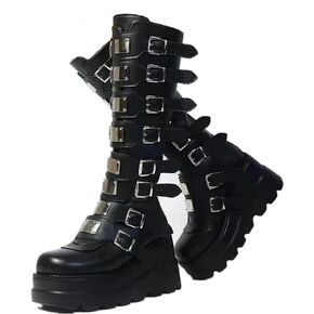 Women Platform Knee High Goth Boots Zip Round Toe Wedge Punk Mid Calf Boots Buckle Chunky High Heel Combat Boots