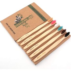 Virgin Forest Bamboo Toothbrush, Natural Eco Friendly Biodegradable Wood Toothbrushes, Vegan Organic Charcoal Tooth Brush, Pack of 6