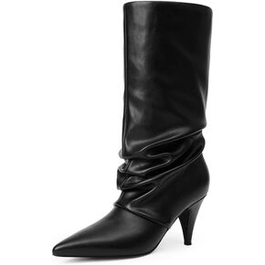Modatope Slouchy Mid Calf Boots for Women Pointed Toe Chunky Heel Boots Faux Flod Over Slip on Womens Boots