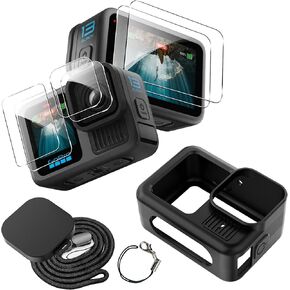 for Go Pro Hero 13 Black Case with [6 Pack] Tempered Glass Protector Compatible,Soft Silicone Cas+Lens Cover Cap+ Lanyard Accessories Bundle Kit-Black