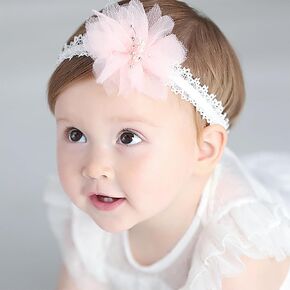Baby Girl Elastic Flower Headband Lace Hair Band with Flower Pink Floral Head Wrap Baby Turban 0-36 Month Birthday Baby Shower Hair Accessory (White E, Free)