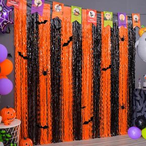 Mega-L Halloween Foil Fringe Curtains, 3 Pack Orange Black Photo Booth Props, 18 Pcs PVC Bat and Spider Stickers Decals Wall Decor Halloween Photo Backdrop for Halloween Party Decoration