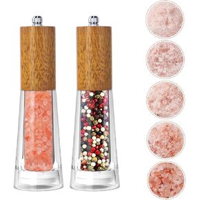 Salt and Pepper Grinder Set, Haomacro Refillable Sea Salt Pepper Mill Grinder, 2-Piece Manual Acrylic Pepper Mills Stainless Steel Spice & Salt Shakers with Adjustable Coarseness
