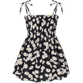 Toddler Girls Summer Dress Sleeveless Daisy Sunflower Lemon Strawberry Print Boho Sundress Ruffle Smocked Flowy Dresses