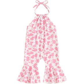 Chloefairy Toddler Baby Girl Bell Bottom Romper Cow Print Overalls Halter Flare Pants Jumpsuit Western Cowgirl Summer Outfit