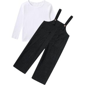 Toddler Girl Clothes 1-5T 2Pcs Corduroy Outfits Adjustable Button Suspender Overalls Jumpsuit with Plain T-Shirt