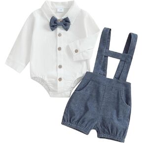 KMBANGI Baby Boy Gentlemen Outfit Solid Color Long Sleeve Lapel Neck Romper Suspender Shorts Overall Bow Tie 3 PCS Set Fall