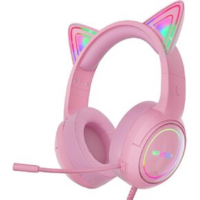 S25 Pink Gaming Headset with Cat Ears, Wired Gaming Headphones with Noise Cancelling Microphone, Compatible with PS5, PS4, Xbox, Xbox Series S/X, PC, 50mm Drivers, Stereo Sound