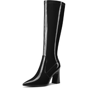 HDEUOLM Womens Chunky Block Heel Pointed Toe Knee High Boots Side Zipper Slip-on Prom Cute Patent Leather Boots