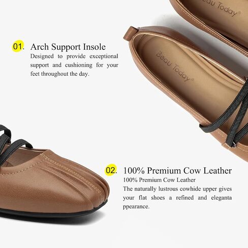 BEAU TODAY Womens Mary Janes, Genuine Leather Maryjane Flats for Women, Comfortable Ballet Flats with Adjustable Strap, Casual Square Toe Slip On Dressy Flat Shoes in Kuwait