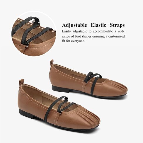 BEAU TODAY Womens Mary Janes, Genuine Leather Maryjane Flats for Women, Comfortable Ballet Flats with Adjustable Strap, Casual Square Toe Slip On Dressy Flat Shoes in Kuwait