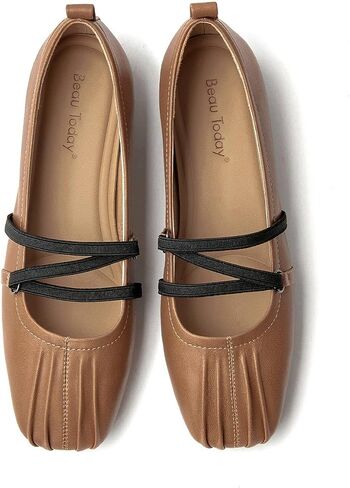 BEAU TODAY Womens Mary Janes, Genuine Leather Maryjane Flats for Women, Comfortable Ballet Flats with Adjustable Strap, Casual Square Toe Slip On Dressy Flat Shoes in Kuwait
