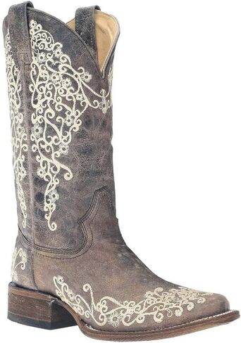 CORRAL LADIE'S BROWN CRATER BONE EMBROIDERY SQ. TOE, LEATHER WITH RUBBER INSERT SOLE, WESTERN A2663 in Saudi Arabia