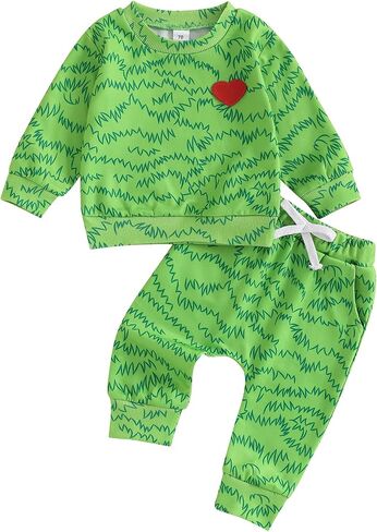 Baby Boy Christmas Outfits Heart Animal Green Long Sleeve Sweatshirt Pants Set Toddler Infant Christmas Clothes in Saudi Arabia